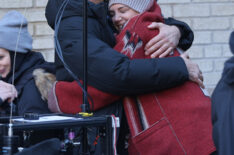 Joshua Jackson and Katie Holmes are seen at the movie set of the 'Happy Hours' in the West Village, Manhattan on December 03, 2025 in New York City.