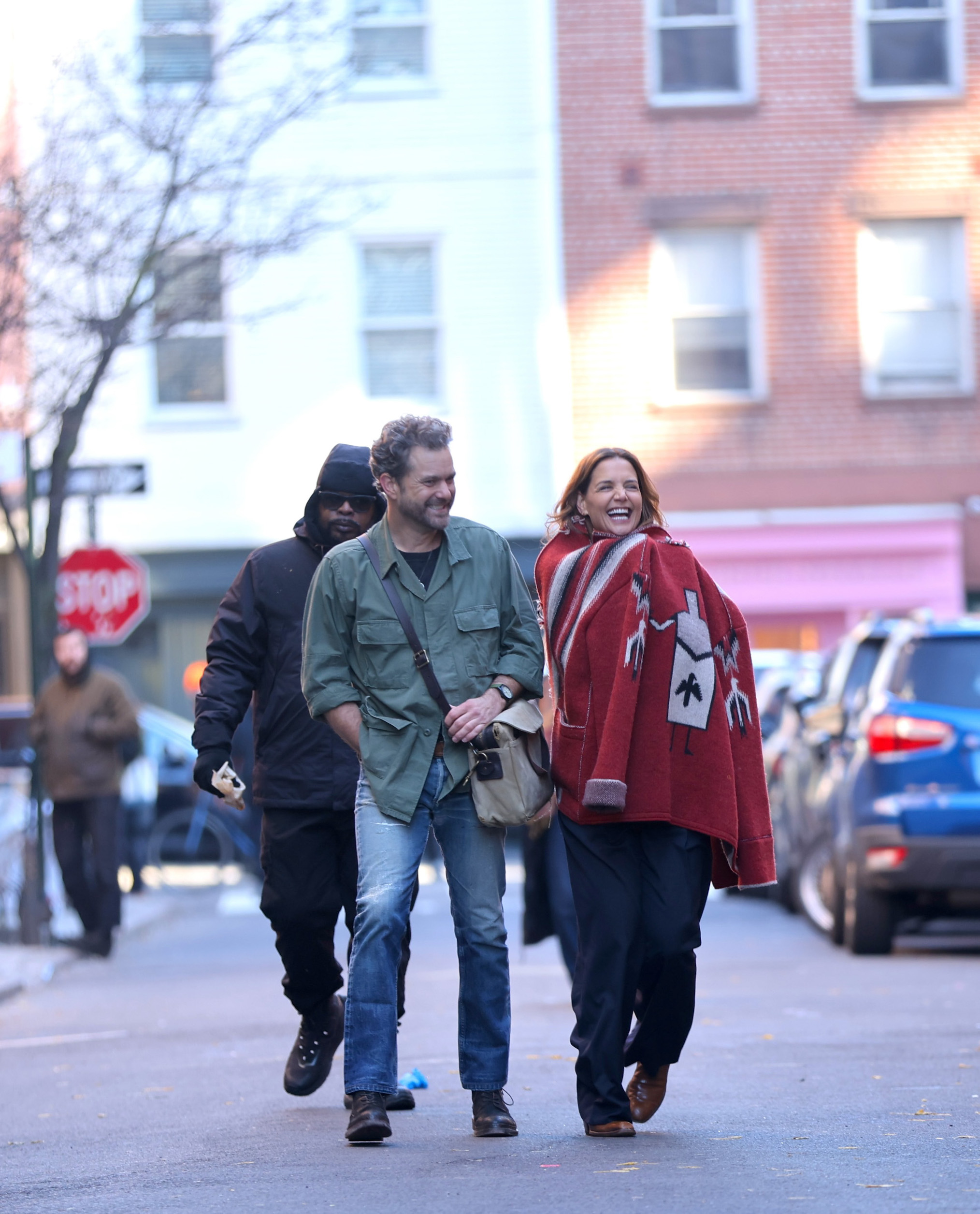 Joshua Jackson and Katie Holmes are seen at the movie set of the 'Happy Hours' in the West Village, Manhattan on December 03, 2025 in New York City.