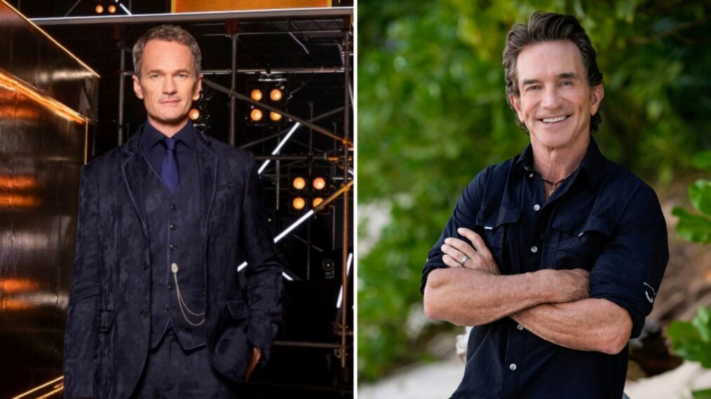 (left) Neil Patrick Harris on the game show 'What's in the Box, (right) Jeff Probst hosting 'Survivor'