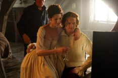 Sam Heughan and Caitriona Balfe behind the scenes of 'Outlander's Season 1 episode 'The Wedding'