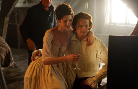 Sam Heughan and Caitriona Balfe behind the scenes of 'Outlander's Season 1 episode 'The Wedding'