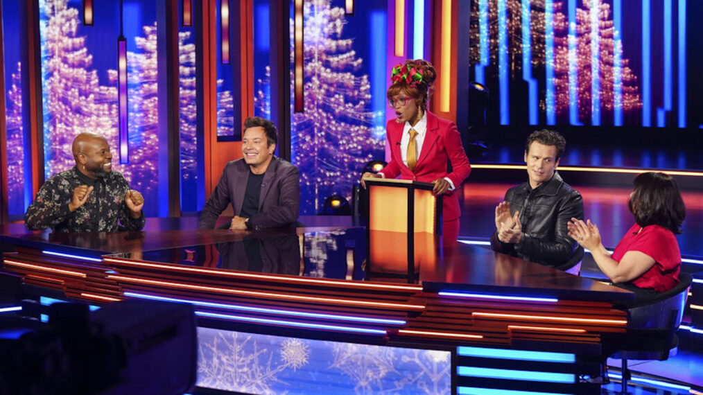 A contestant, Jimmy Fallon, Keke Palmer, Jonathan Groff, and a contestant in the 'Password' holiday special 2025