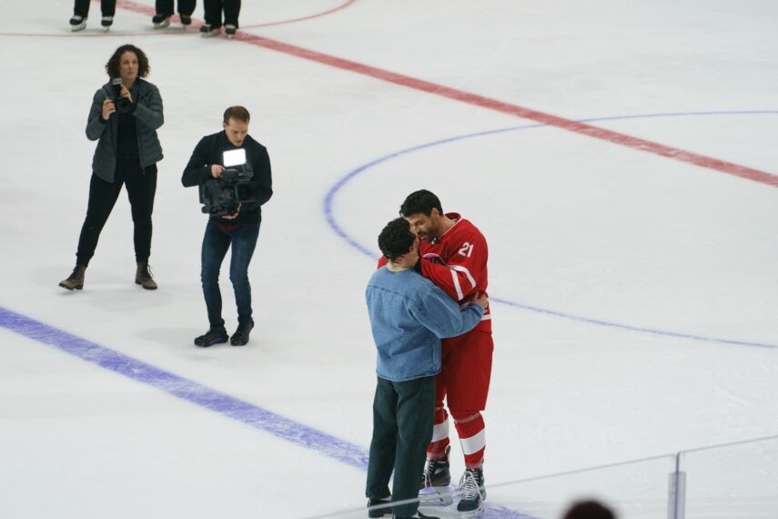 Robbie G.K. and Francois Arnaud in 'Heated Rivalry' Season 1 Episode 5