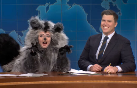 Sarah Sherman as the drunk raccoon and Colin Jost in the December 6, 2025, episode of 'Saturday Night Live'