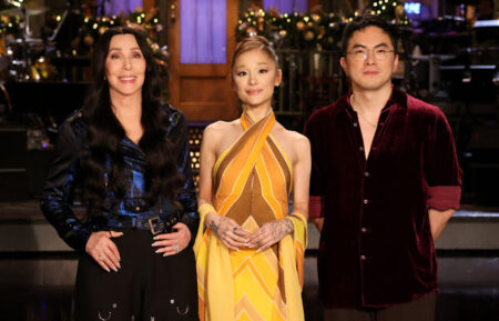 Musical guest Cher, host Ariana Grande, and Bowen Yang during Promos on Thursday, December 18, 2025, on 'SNL'
