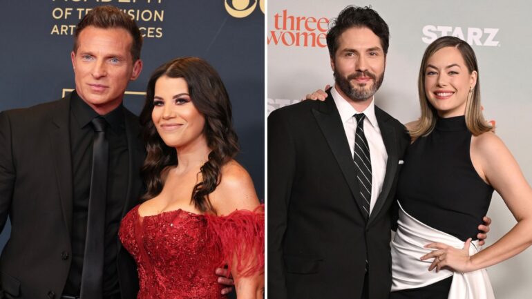 Steve Burton (L) attends the 51st annual Daytime Emmys Awards at The Westin Bonaventure Hotel & Suites, Los Angeles on June 07, 2024 in Los Angeles, California; John Patrick Amedori and Annika Noelle attend “Three Women” New York City Premiere on September 09, 2024 in New York City.
