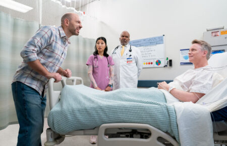 Paul Scheer as Ruben, Kahyun Kim as Serena, David Alan Grier as Dr. Ron, David Hornsby as Harry in 'St. Denis Medical' Season 2 Episode 7