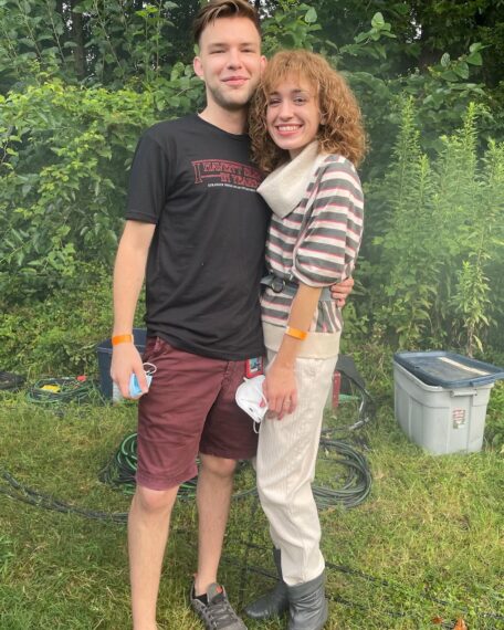 Jessica and Trevor Jenkins on the 'Stranger Things' Season 4 set, with Jessica in costume as Nancy