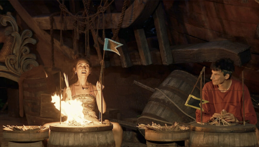 Savannah Louie and Rizo Velovic in 'Survivor 49' fire-making challenge