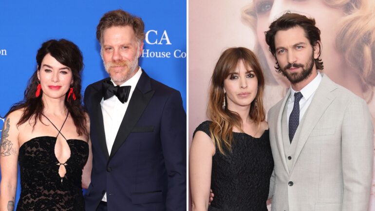 Lena Headey and Marc Menchaca attend the 2023 White House Correspondents' Association Dinner at Washington Hilton on April 29, 2023 in Washington, DC; Michiel Huisman and wife Tara Elders attend "The Age of Adaline" premiere at AMC Loews Lincoln Square 13 theater on April 19, 2015 in New York City.