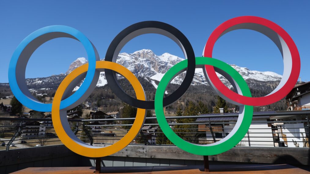 A general view of the Olympic rings in front of the Olympia delle Tofane ski run on March 19, 2025 in Cortina d'Ampezzo, Italy.