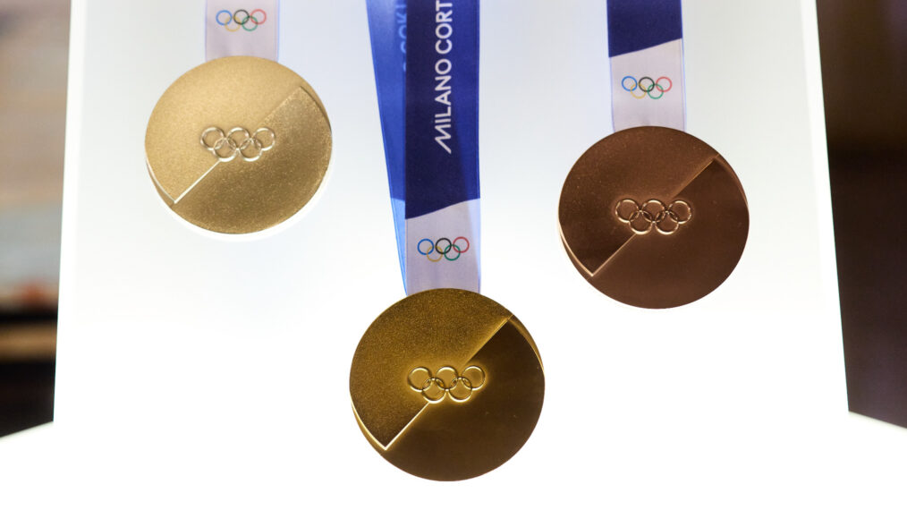 Olympic medals displayed at the Milano Cortina 2026 Olympic Winter Games: Medals Unveiling at Palazzo Balbi on July 15, 2025, in Venice, Italy