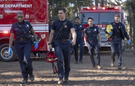 Aisha Hinds as Hen, Ryan Guzman as Eddie, Anirudh Pisharody as Ravi, Kenneth Choi as Chimney, and Oliver Stark as Buck — '9-1-1' Season 9 Episode 7 