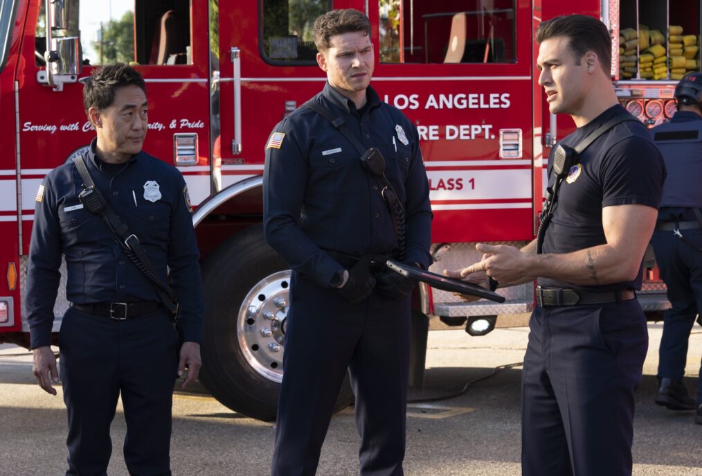 Kenneth Choi as Chimney, Oliver Stark as Buck, and Ryan Guzman as Eddie — '9-1-1' Season 9 Episode 8 
