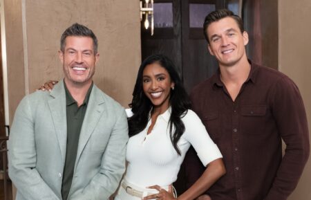 Jesse Palmer, Tayshia Adams, and Tyler Cameron, 'Bachelor Mansion Takeover' Season 1 promo, HGTV, premieres March 2, 2026.