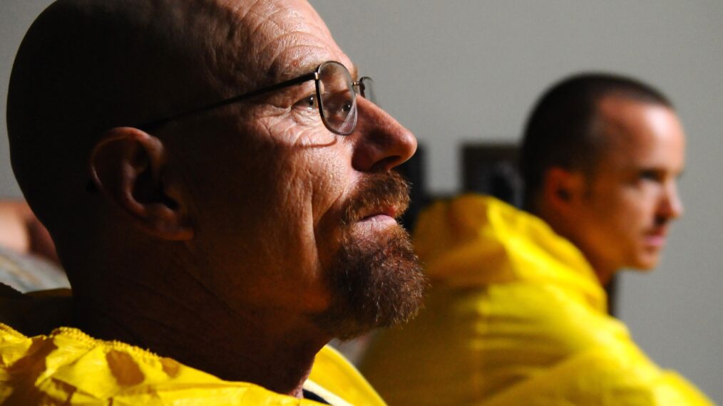 BREAKING BAD, (from left): Bryan Cranston, Aaron Paul, 'Hazard Pay', (Season 5, ep. 503, aired July 29, 2012), 2008-2012. Photo: Ursula Coyote / © AMC / Courtesy Everett Collection