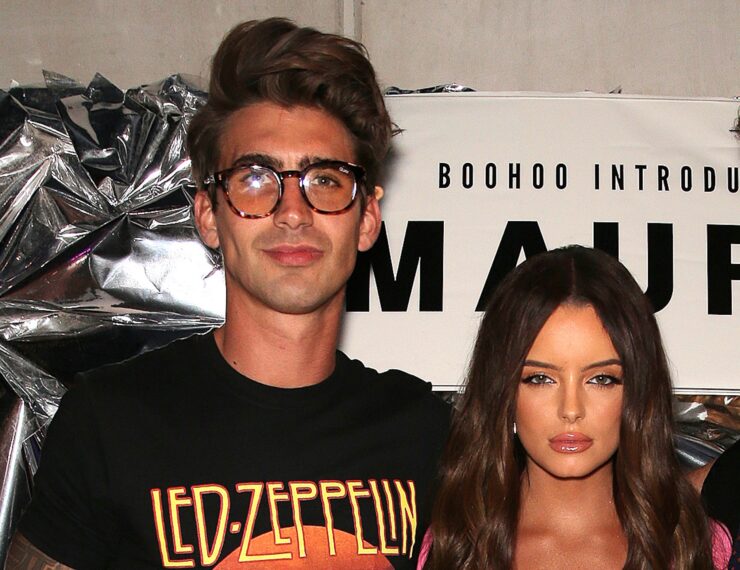 Chris Taylor, Maura Higgins and Curtis Pritchard attends Boohoo Maura Higgins Ambassador Event at Nobu Shoreditch on September 12, 2019 in London, England