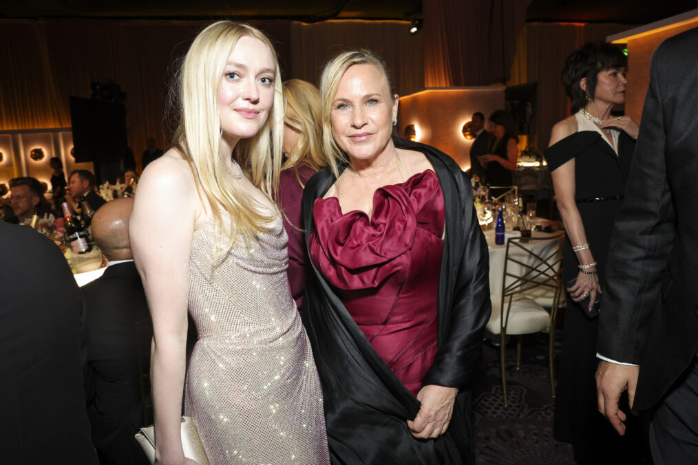 Dakota Fanning and Patricia Arquette at the 83RD ANNUAL GOLDEN GLOBES®, airing live from the Beverly Hilton in Beverly Hills, California on Sunday, January 11, 2026 at 8 PM ET/5 PM PT, on CBS and streaming on Paramount+. Photo: Stewart Cook/CBS ©2026 CBS Broadcasting, Inc. All Rights Reserved.