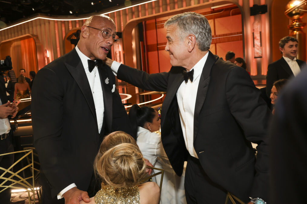 Dwayne Johnson and George Clooney at the 83RD ANNUAL GOLDEN GLOBES®, airing live from the Beverly Hilton in Beverly Hills, California on Sunday, January 11, 2026 at 8 PM ET/5 PM PT, on CBS and streaming on Paramount+. Photo: Stewart Cook/CBS ©2026 CBS Broadcasting, Inc. All Rights Reserved.
