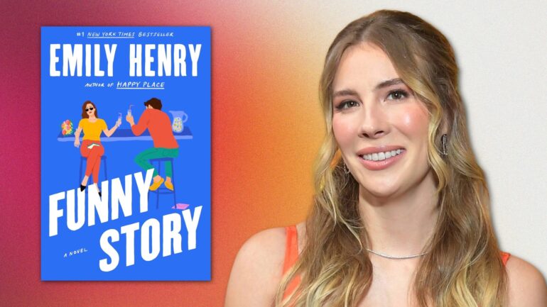 Author Emily Henry, next to a photo of the 'Funny Story' cover
