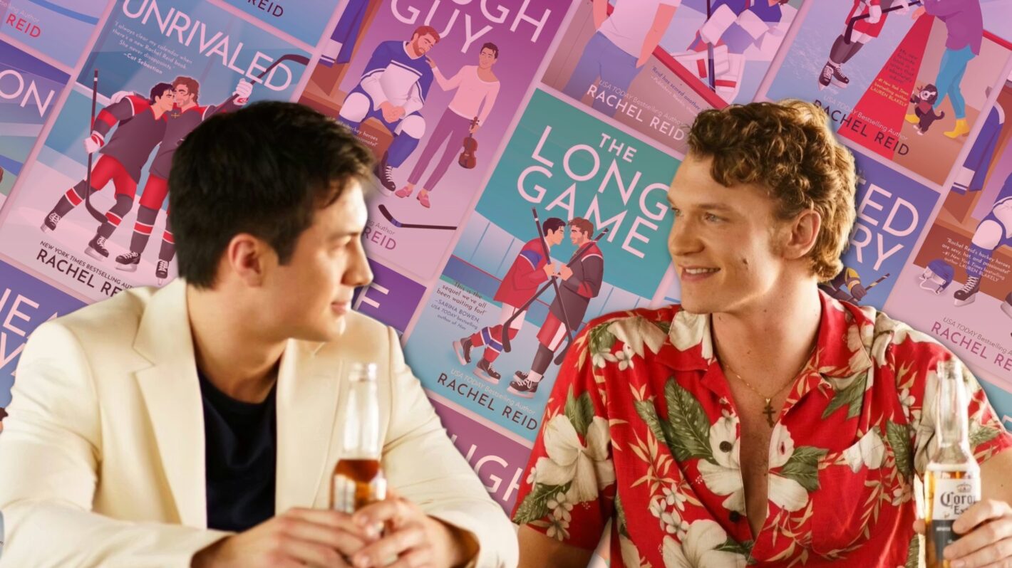 Shane and Ilya in 'Heated Rivalry' with 'Game Changers' series book covers in the background