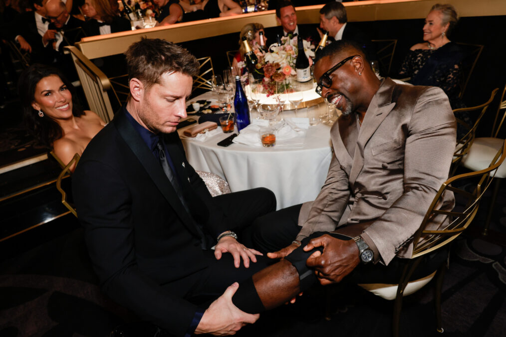 Sofia Pernas, Justin Hartley and Sterling K. Brown at the 83RD ANNUAL GOLDEN GLOBES®, airing live from the Beverly Hilton in Beverly Hills, California on Sunday, January 11, 2026 at 8 PM ET/5 PM PT, on CBS and streaming on Paramount+. Photo: Francis Specker/CBS ©2026 CBS Broadcasting, Inc. All Rights Reserved.