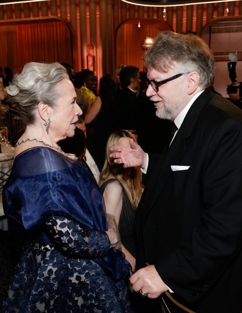 Kathy Bates and Guillermo Del Toro at the 83RD ANNUAL GOLDEN GLOBES®, airing live from the Beverly Hilton in Beverly Hills, California on Sunday, January 11, 2026 at 8 PM ET/5 PM PT, on CBS and streaming on Paramount+. Photo: Francis Specker/CBS ©2026 CBS Broadcasting, Inc. All Rights Reserved.
