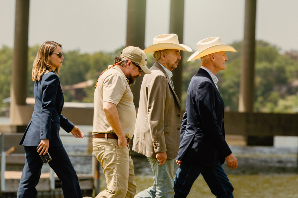 Kayla Wallace as Rebecca, James Jordan as Dale, Billy Bob Thornton as Tommy and Colm Feore as Nathan in Landman episode 9, season 2, streaming on Paramount+. Photo Credit: Emerson Miller/Paramount+