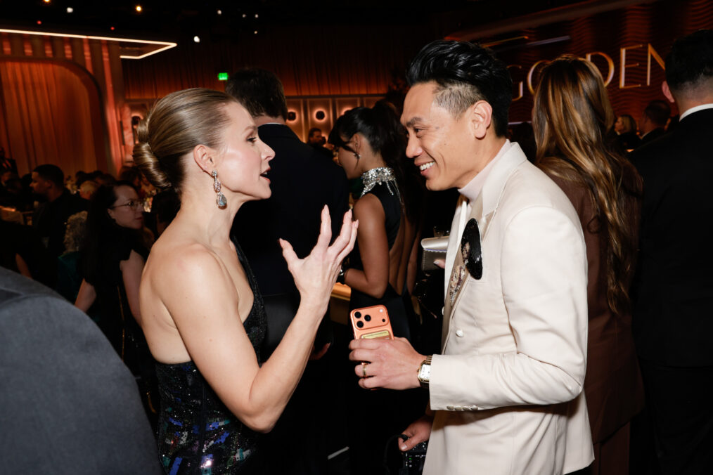 Kristen Bell and Jon M. Chiu at the 83RD ANNUAL GOLDEN GLOBES®, airing live from the Beverly Hilton in Beverly Hills, California on Sunday, January 11, 2026 at 8 PM ET/5 PM PT, on CBS and streaming on Paramount+. Photo: Francis Specker/CBS ©2026 CBS Broadcasting, Inc. All Rights Reserved.