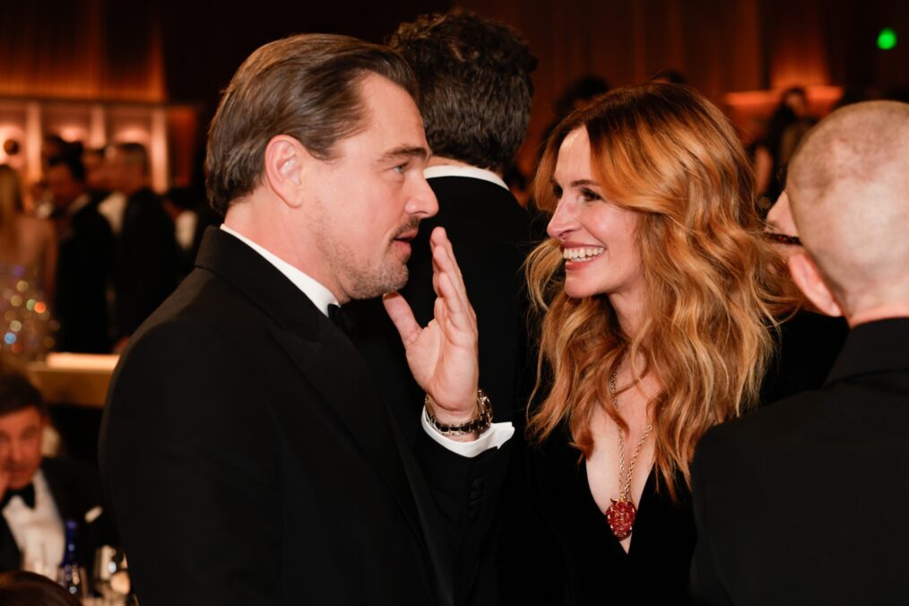 Leonardo DiCaprio and Julie Roberts at the 83RD ANNUAL GOLDEN GLOBES®, airing live from the Beverly Hilton in Beverly Hills, California on Sunday, January 11, 2026 at 8 PM ET/5 PM PT, on CBS and streaming on Paramount+. Photo: Francis Specker/CBS ©2026 CBS Broadcasting, Inc. All Rights Reserved.