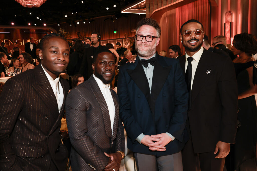 Miles Caton, Kevin Hart, Seth Rogan and Michael B. Jordan at the 83RD ANNUAL GOLDEN GLOBES®, airing live from the Beverly Hilton in Beverly Hills, California on Sunday, January 11, 2026 at 8 PM ET/5 PM PT, on CBS and streaming on Paramount+. Photo: Francis Specker/CBS ©2026 CBS Broadcasting, Inc. All Rights Reserved.
