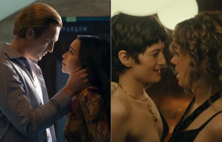 Artjom Gilz as Andrei, Emilia Clarke as Bea in 'Ponies'; Lili Walters and Haley Lu Richardson in Peacock's 