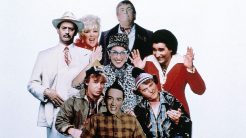 SCTV, clockwise from top left: Joe Flaherty as Guy Caballero, Andrea Martin as Edith Prickley (center), Catherine O'hara as Lola Heatherton, John Candy as Johnny LaRue, Eugene Levy as Bobby Bittman, Martin Short as Ed Grimley, Rick Moranis as Bob MacKenzie, 1976-1981