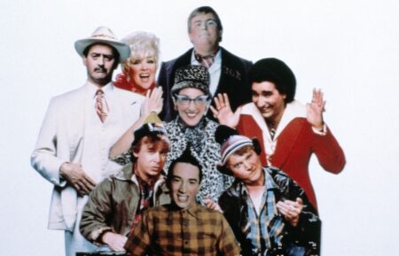 SCTV, clockwise from top left: Joe Flaherty as Guy Caballero, Andrea Martin as Edith Prickley (center), Catherine O'hara as Lola Heatherton, John Candy as Johnny LaRue, Eugene Levy as Bobby Bittman, Martin Short as Ed Grimley, Rick Moranis as Bob MacKenzie, 1976-1981