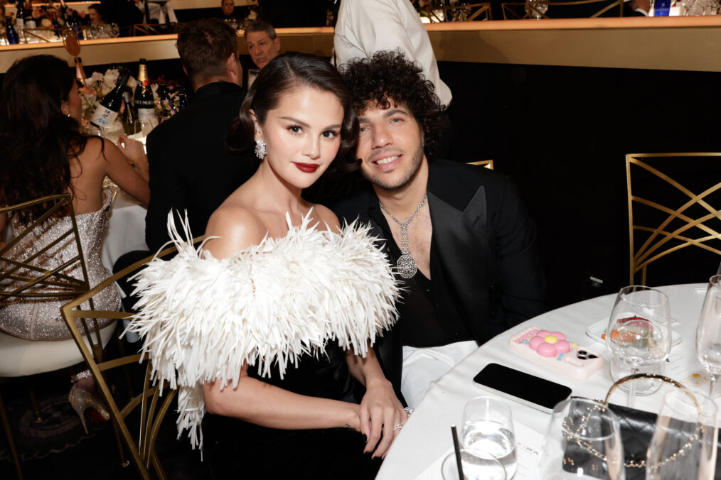 Selena Gomez and Benny Blanco at the 83RD ANNUAL GOLDEN GLOBES®, airing live from the Beverly Hilton in Beverly Hills, California on Sunday, January 11, 2026 at 8 PM ET/5 PM PT, on CBS and streaming on Paramount+. Photo: Francis Specker/CBS ©2026 CBS Broadcasting, Inc. All Rights Reserved.