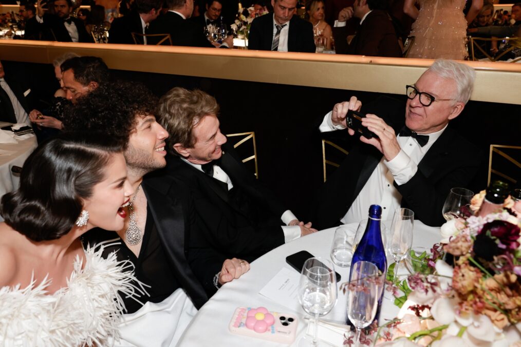 Selena Gomez, Benny Blanco, Martin Short and Steve Martin at the 83RD ANNUAL GOLDEN GLOBES®, airing live from the Beverly Hilton in Beverly Hills, California on Sunday, January 11, 2026 at 8 PM ET/5 PM PT, on CBS and streaming on Paramount+. Photo: Francis Specker/CBS ©2026 CBS Broadcasting, Inc. All Rights Reserved.
