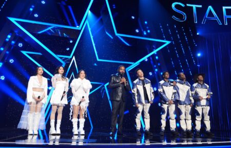 Star Search Live. (L to R) H3RIZON, Anthony Anderson, 2BYG in episode 101 in Star Search Live. Cr. Kit Karzen/Netflix © 2026