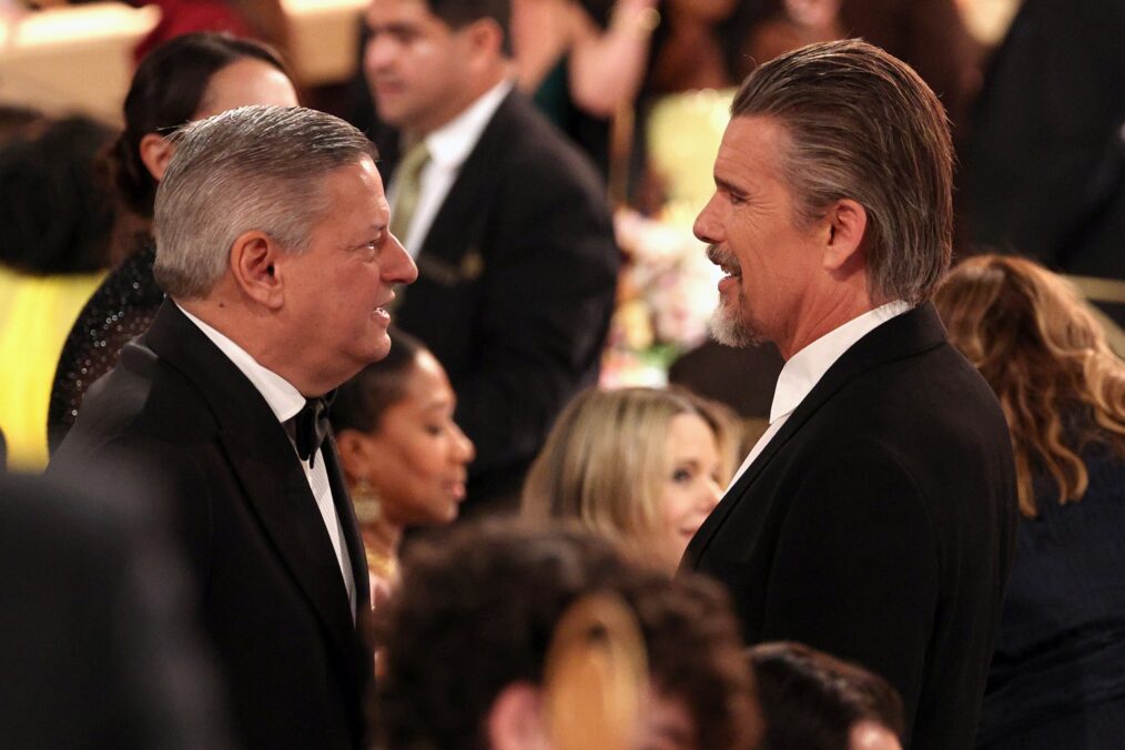 (L-R) Ted Sarandos, Co-CEO, Netflix and Ethan Hawke attend the 83RD ANNUAL GOLDEN GLOBES®, airing live from the Beverly Hilton in Beverly Hills, California on Sunday, January 11, 2026 at 8 PM ET/5 PM PT, on CBS and streaming on Paramount+. Photo: Kevork Djansezian/CBS ©2026 CBS Broadcasting, Inc. All Rights Reserved.