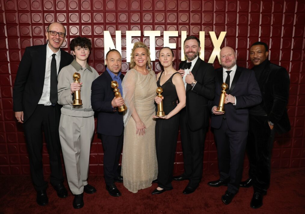 Adam Sandler, Nicole Avant, Sara Foster, Gayle King, Jackie Sandler, Joel Edgerton and Christine Centenera attend Netflix's Golden Globe afterparty 2026 at Spago on January 11, 2026 in Beverly Hills, California