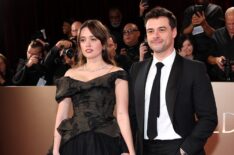 Aimee Lou Wood and Adam Long attend the 83rd Annual Golden Globe Awards at The Beverly Hilton on January 11, 2026 in Beverly Hills, California.