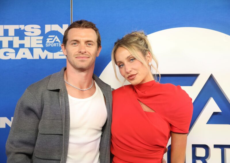 Braxton Berrios and Alix Earle arrive at EA Sports presents The Madden Bowl at Orpheum Theater on February 07, 2025 in New Orleans, Louisiana