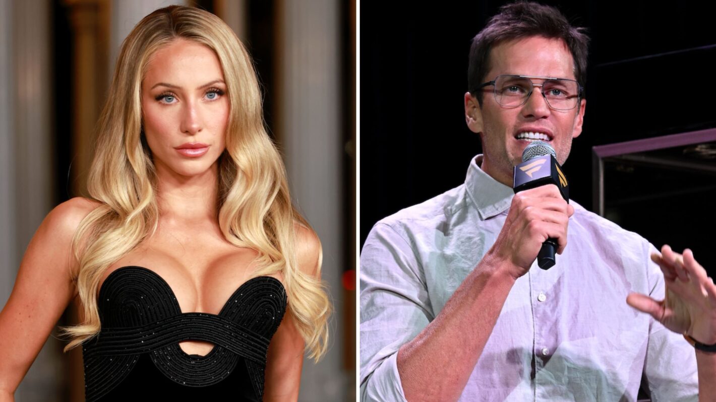 Alix Earle attends the 2025 LACMA Art+Film Gala at Los Angeles County Museum of Art, Tom Brady speaks onstage during Fanatics Fest NYC 2025 at Javits Center