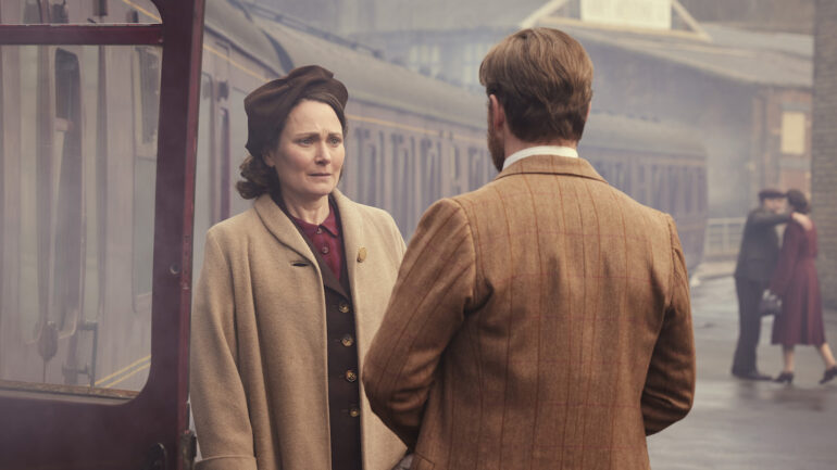 Anna Madeley as Mrs. Hall and Samuel West as Siegfried Farnon in 'All Creatures Great and Small' Season 6 Episode 1