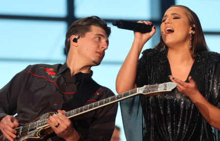 Cade Foehner and host Gabby Barrett perform onstage during the 57th Academy of Country Music Awards at Allegiant Stadium on March 07, 2022 in Las Vegas, Nevada