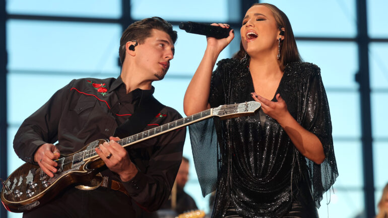 Cade Foehner and host Gabby Barrett perform onstage during the 57th Academy of Country Music Awards at Allegiant Stadium on March 07, 2022 in Las Vegas, Nevada