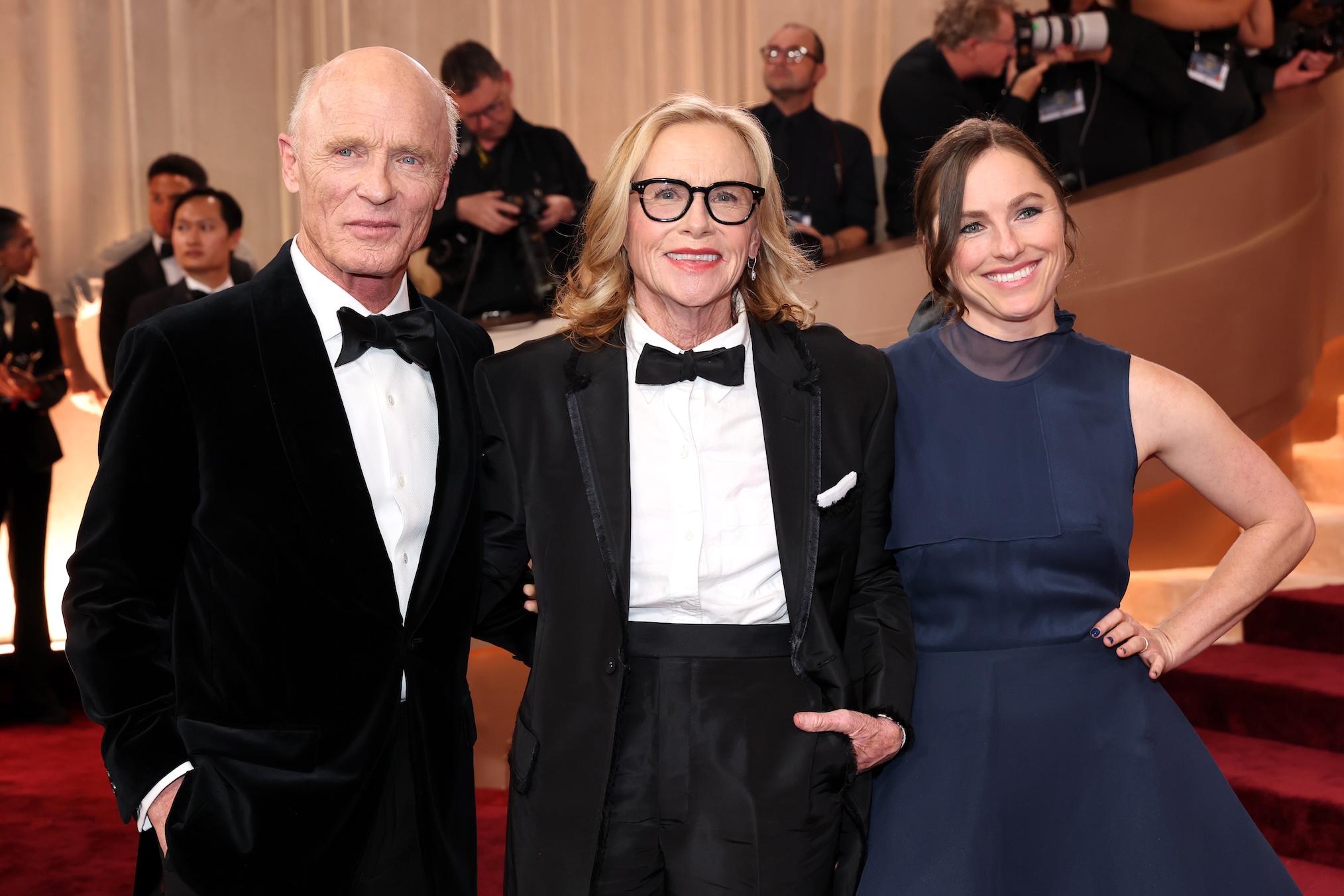 Ed Harris, Amy Madigan, and guest attend the 83rd Annual Golden Globe Awards at The Beverly Hilton on January 11, 2026 in Beverly Hills, California.