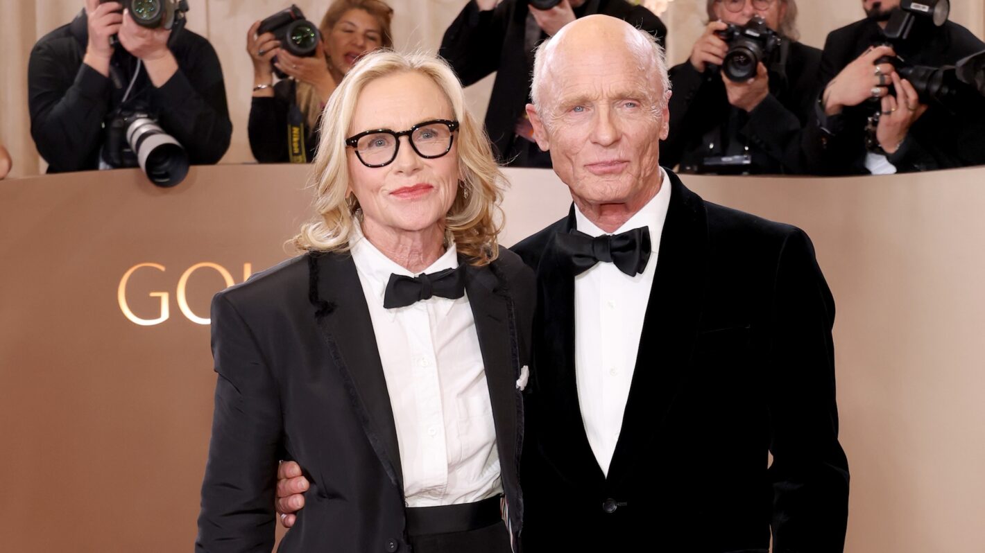 Amy Madigan and Ed Harris attend the 83rd Annual Golden Globe Awards at The Beverly Hilton on January 11, 2026 in Beverly Hills, California.