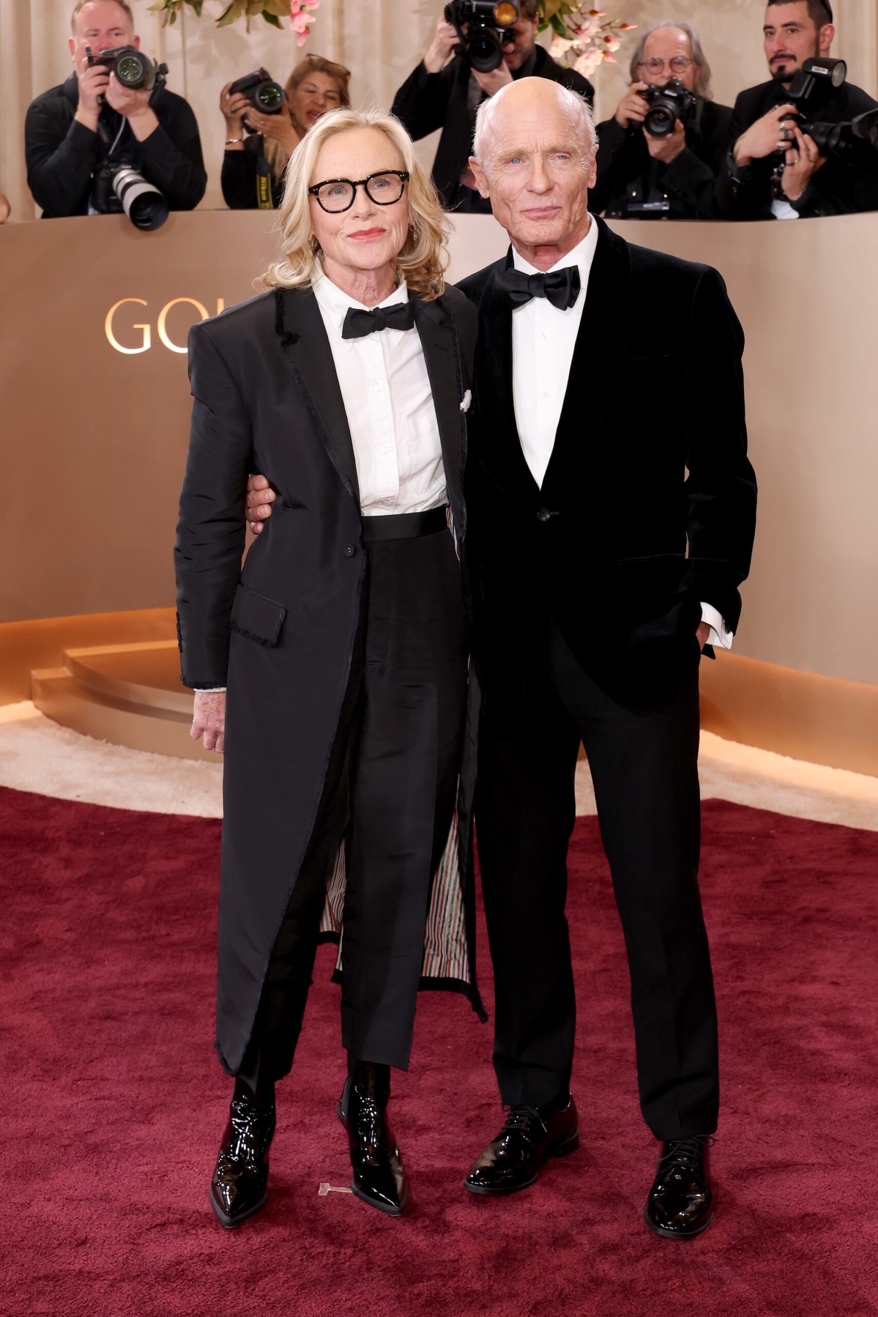 Amy Madigan and Ed Harris attend the 83rd Annual Golden Globe Awards at The Beverly Hilton on January 11, 2026 in Beverly Hills, California.