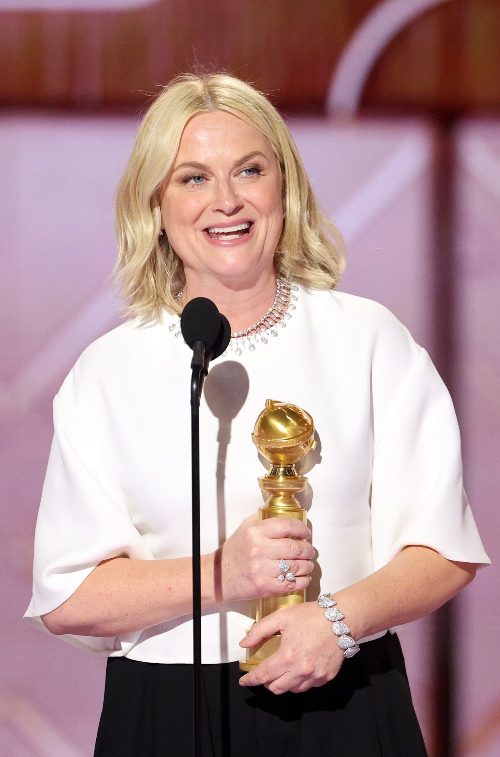 Amy Poehler speaks onstage during the 83RD ANNUAL GOLDEN GLOBES®, airing live from the Beverly Hilton in Beverly Hills, California on Sunday, January 11, 2026 at 8 PM ET/5 PM PT, on CBS and streaming on Paramount+.