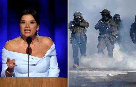 Ana Navarro speaking at the Democratic National Convention at the United Center on August 20, 2024, in Chicago, Illinois; federal agents in Minneapolis, Minnesota, on January 24, 2026